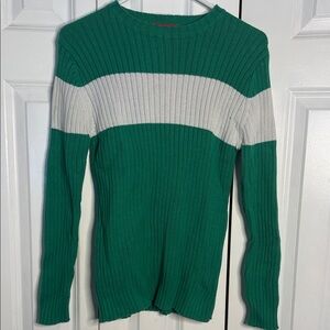 Green Ribbed Sweater with White Stripe